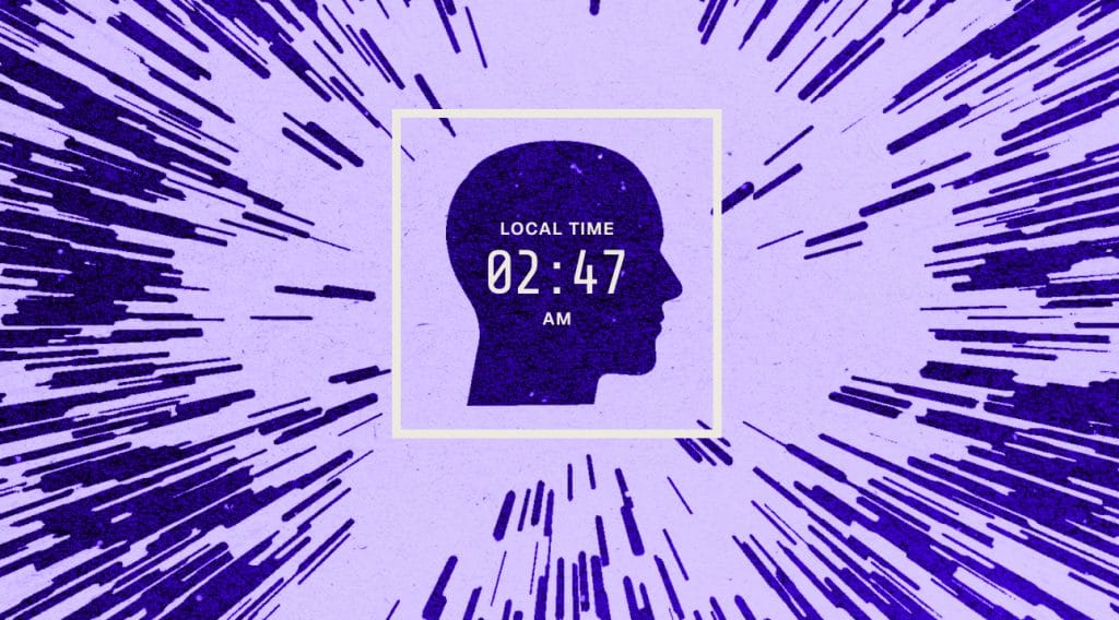 Silhouette of a head surrounded by radiating purple lines with a local time display reading 02:47 AM.